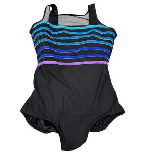 Longitude Womens 18W Black One-Piece Swimsuit With Multicolor Stripes & Scoop Ba